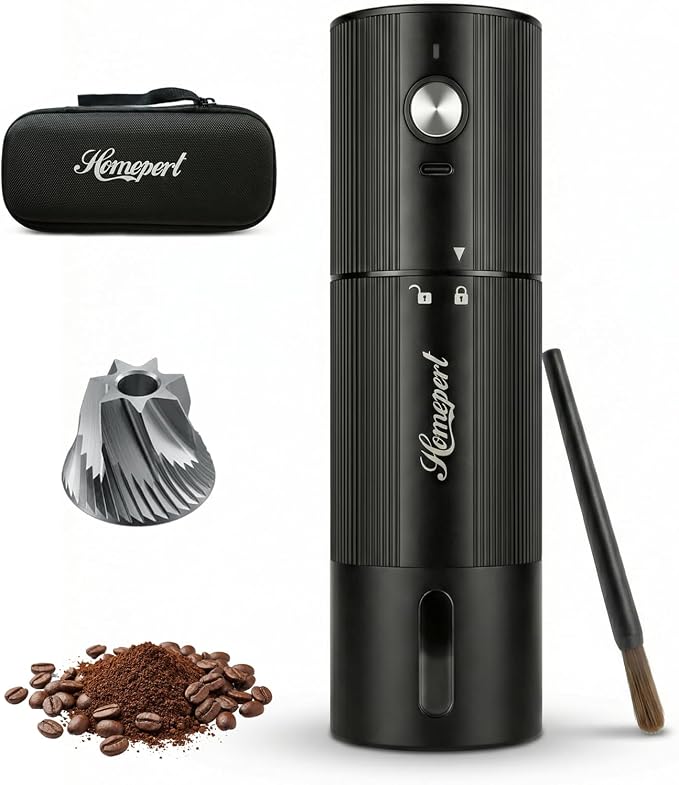 Upgraded Faster Electric Coffee Grinder, Stainless Steel Burrs, Black | Cordless Coffee Mill, 1600mAh Rechargeable Battery, 40 Setting for Pour-Over to Espresso, Portable for Camping, Travel