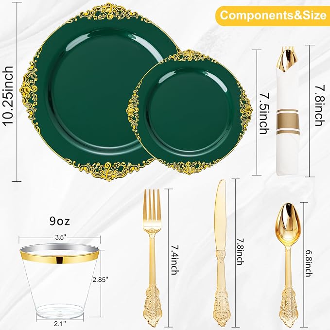 Nervure 175Pcs Green Plastic Plates, Disposable Party Plates for 25 Guests | 25 7.5" Dessert & 25 10.25" Dinner Disposable Plates, 75 Gold Cutlery, 25 9oz Cups, 25 Napkin for Wedding & Party, BPA-free