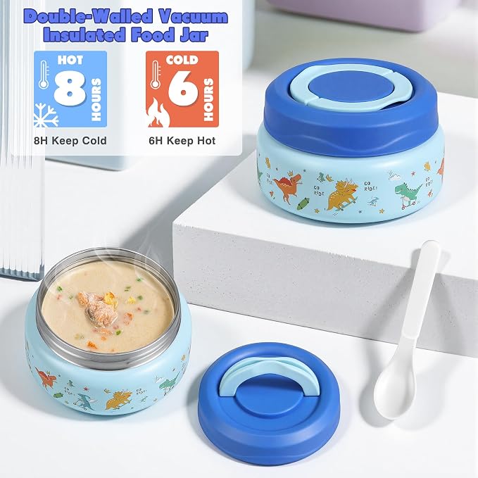 Bento Lunch Box for Kids with 7oz Soup Thermo,Insulated Stainless Steel Kids Water Bottle with Straw and Insulated Lunch Bag,Leak-Proof Lunch Food Container with Ice Pack for School(Blue-Dinosaur)