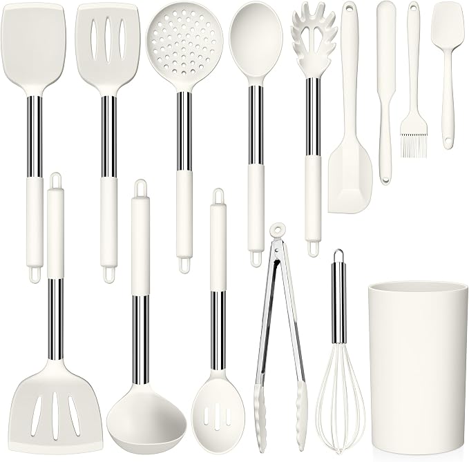 LIANYU 15 Pcs Cooking Kitchen Utensils Set with Stainless Steel Handle | Silicone Kitchen Gadgets with Holder, Heat Resistant Spatula Tools, Brush Spoon Tong Whisk Ladle Turner for Cookware, White