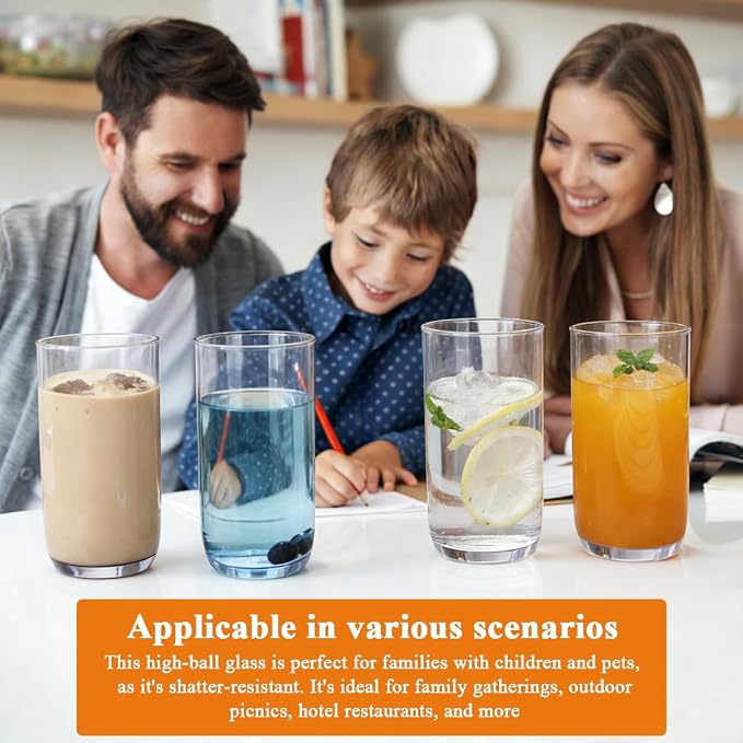 Berglander Highball Glasses Set 4pc, 14 oz Tall PET Clear Plastic Drinking Collins Glasses, Reusable Water Glass Cups, Bar Glassware Tumbler for Beverage, Beer, Juice, Milk, Mojito, Cold Drink