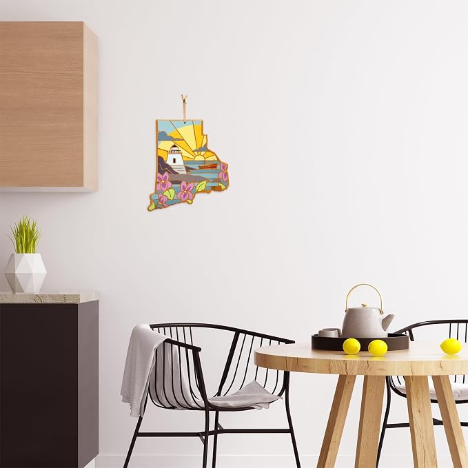 Totally Bamboo Rhode Island State Shaped Cutting Board, Summer Stokes Art | State charcuterie board with colorful hand-drawn landscape art. Smooth reverse side for food prep. Hang tie for wall display.