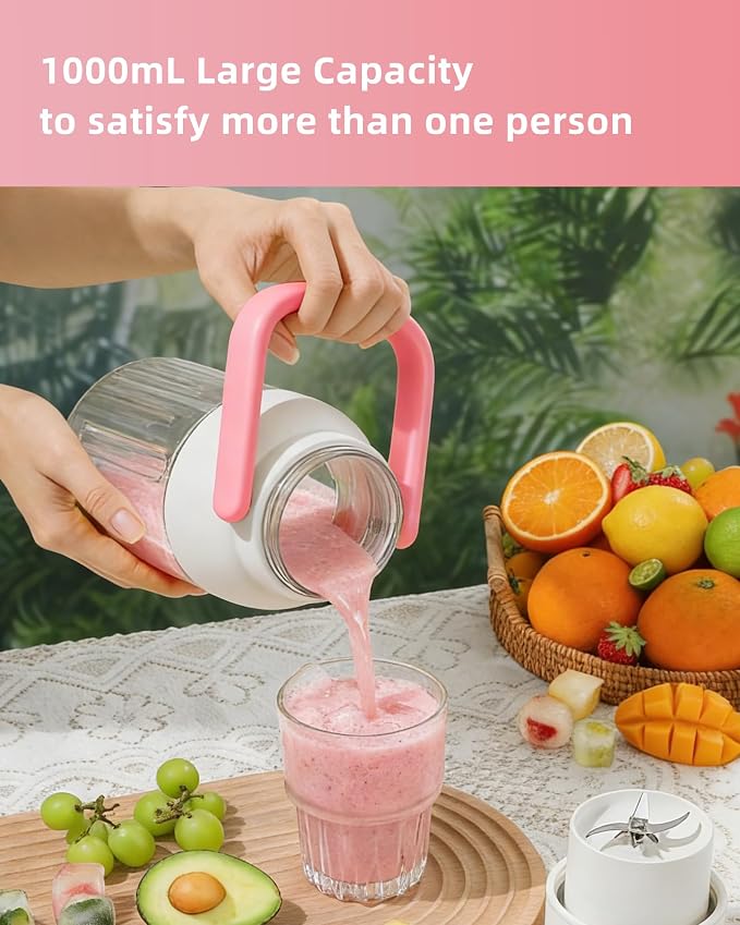 Portable Blender, Personal Blender for Smoothies & Shakes, Cordless, 33oz BPA-Free Vessel, 18000RPM Motor, Leakproof Lid with Sip Spout, USB-C Rechargeable, Easy-to-Clean Parts (Pink)