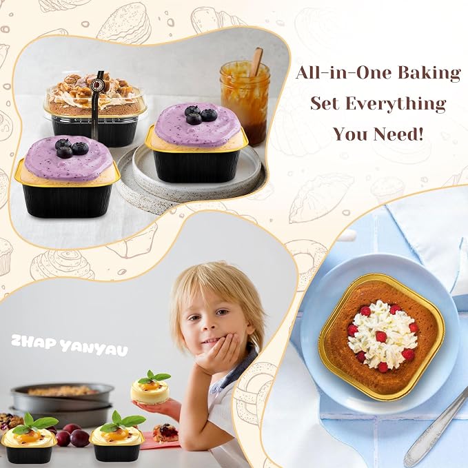 YQER 60 Pack 10oz Mini Cake Pans with Lids, Spoons, Stickers - Disposable Square Brownie Baking Cups - Individual Small Aluminum Foil Loaf Tins for Muffin, Ramekins, Cupcake - Catering, Gift, Black
