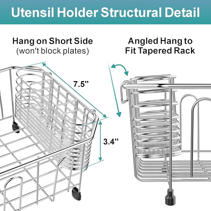 Mini in Sink Dish Drying Rack - Stainless Steel for RV Kitchen | Small Design for Apartments, Angled Corners Fit Square & Round Sinks, Utensil Holder, Cup Hooks, 9.5" W x 13.4" L