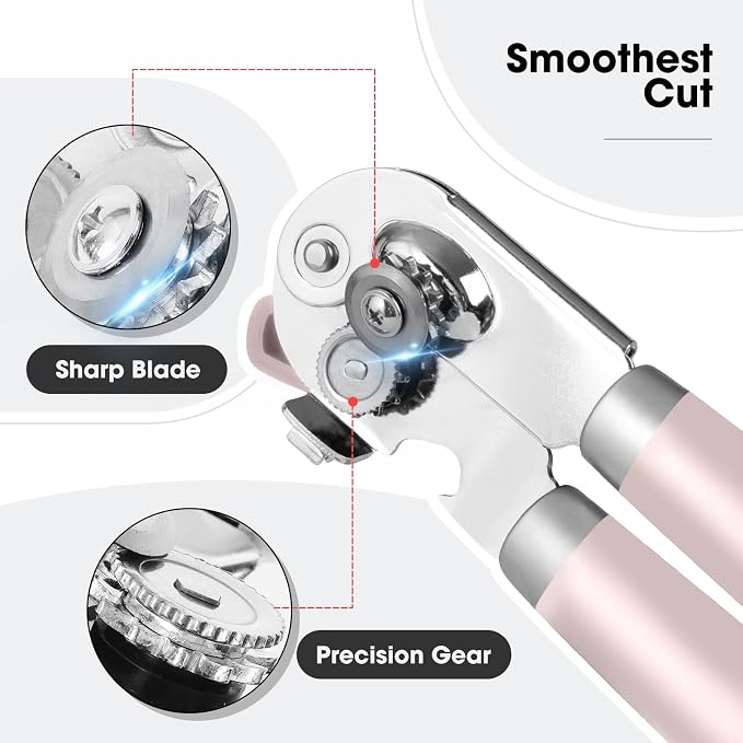 Beneno Heavy Duty Hand Can Opener Manual with Magnet, Light Pink | Razor-Sharp Carbon Steel Blade, Precise Smooth Cutting Gear, Big Effort-Saving Knob, Soft Grip Handle, Built-in Bottle Opener