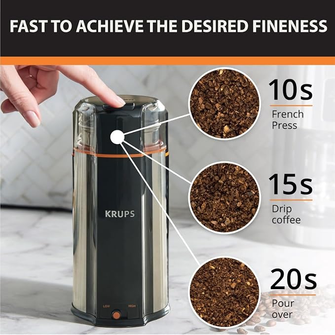 KRUPS Silent Vortex Coffee Grinder 2-Speed Removable Bowl | 8× quieter operation, Dishwasher-safe bowl with storage lid, 240 watts, Fits 12 cups,