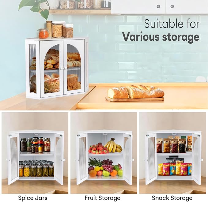Corner Bread Box for Kitchen Countertop,Double Layer Bread Holder | 3 Adjustable Height, Large Capacity, Magnetic Acrylic Door, Bamboo Bread Storage Container for Homemade Bread, White