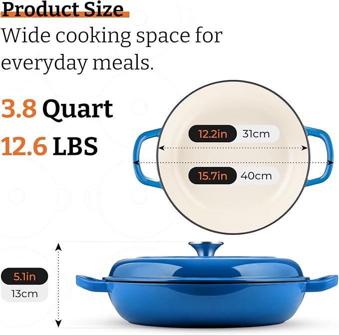Cast Iron Dutch Oven–3 Layers Enameled Shallow Braiser & Casserole Pot with Lid, Even-Heating, Stovetop & Oven Safe to 500°F, 3.8 Quart for Family & Parties Meals(Blue)