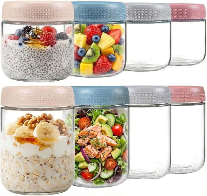 Glass Meal Prep Jar Set, 8 Pack Overnight Oats Containers with Lids | Food Storage for Snacks, Yogurt, Spice, Salad, Chia Seed Pudding Jars, Wide Mouth Mason Jars with Airtight Lids, 16oz 10oz