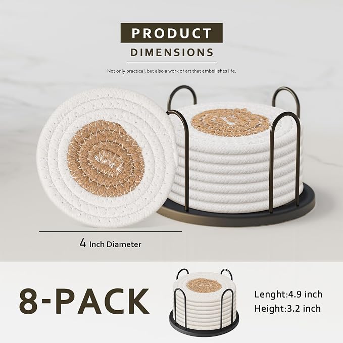 Lazebox Coasters Set of 8 for Drinks, 4 Inch Large Coasters for Coffee Table, Tabletop Protection for Hot & Cold Drinks, Versatile Coasters for Home Decor, Non-Slip & Easy to Clean, White with Coffee