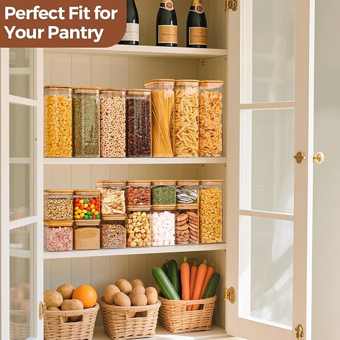 ComSaf Square Glass Containers with Lids 0.7 Qt, Set of 9 Small Galss Jars | Small Kitchen Canisters, Spice Jar, Pantry Organizers, Family Snack Station, Size For Subpackage, BPA Free, Cookie, Dry Food