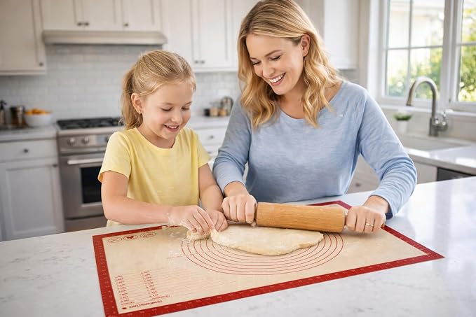 Silicone Pastry Mat with Measurements, 26 x 16 Inch Extra Thick Non-Slip Nonstick Large Baking Mat for Dough Rolling, Kneading, Fondant and Pie, Red