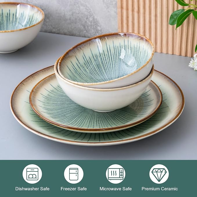 Dinnerware Set Green Stoneware 16 Pieces Service for 4, Stoneware Plates and Bowls Set Highly Chip Dishwasher Microwave Safe Dishes set