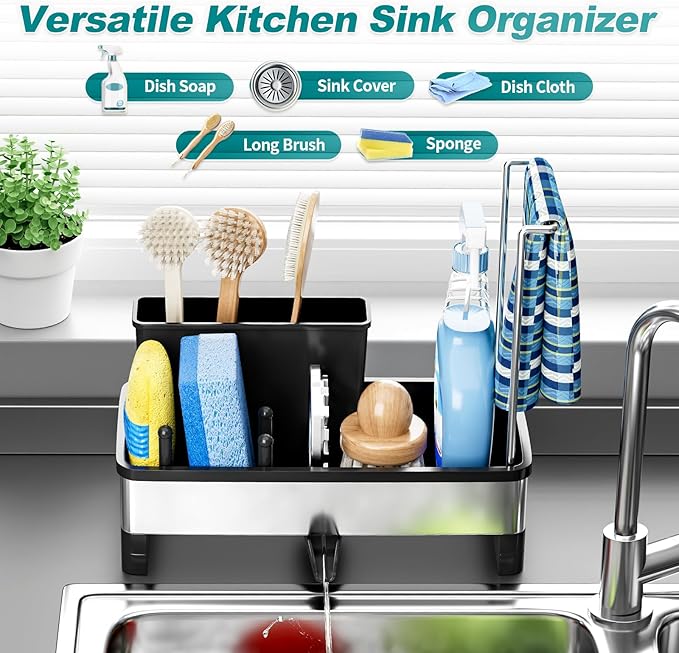 Ewaiira Stainless Steel Sink Caddy, Sponge Holder for Kitchen Sink 9.8″ | with Brush Holder and Towel Rack, Sink Organizer for Countertop, Soap Kitchen Organizers Storage Essentials, Black