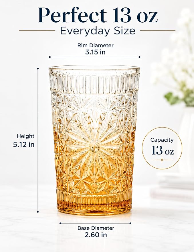Colored Vintage Drinking Glasses Set of 6, 13 oz Gradient Embossed Highball Glasses, Textured Glass Cups Tumblers for Water, Iced Coffee, Juice & Cocktails, Dishwasher Safe(Dahlia style)