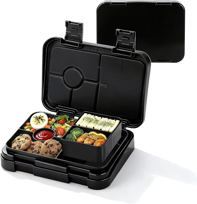 Bento Lunch Box for Kids, 5/6 Compartments, 3 Cups, Black | 5/6 Compartments, 3 Cups, BPA Free, Dishwasher Safe, for Kids, Back to School, On-the-Go Meal, Ages 3+, School