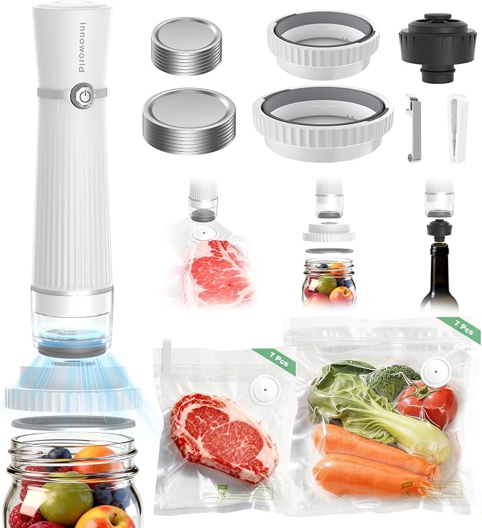 3-in-1 Compact Handheld Vacuum Sealer for Food (Bag, Mason Jar,Wine Bottle) | Innovative Design, 6X Preservation & Fresh, Portable Sealer Machine with 14 Reusable Bags, 14 Mason Jar Lids, Wine Stopper