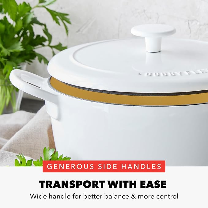 GreenPan x Bobby Flay 5.5QT Enameled Cast Iron Dutch Oven With Lid, White | Casserole Pot for Braising, Stews, Bread Baking & Searing, Self-Basting Lid, Induction Ready, Oven Safe To 500