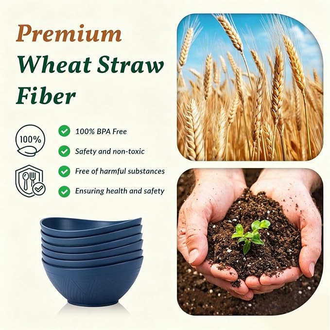 Wheat Straw Bowl Set of 6-60 OZ Large Salad Bowls,Microwave and Dishwasher Safe Bowl Set, Alternative for Plastic Bowls for Serving Soup,Popcorn Bowl for Kitchen - Blue