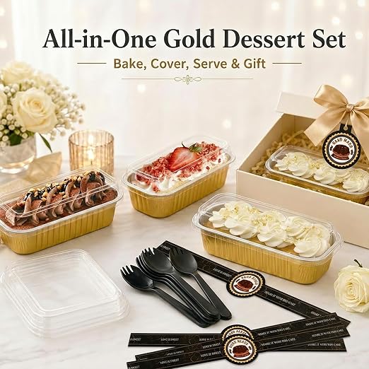 YQER 100 Pack Gold Mini Cake Pans with Lids and Spoons, 6.8 oz Disposable Aluminum Foil Mini Loaf Pans Cake Tins with Stickers and Reusable Decorating Set for Wedding Desserts, Parties and Gifts