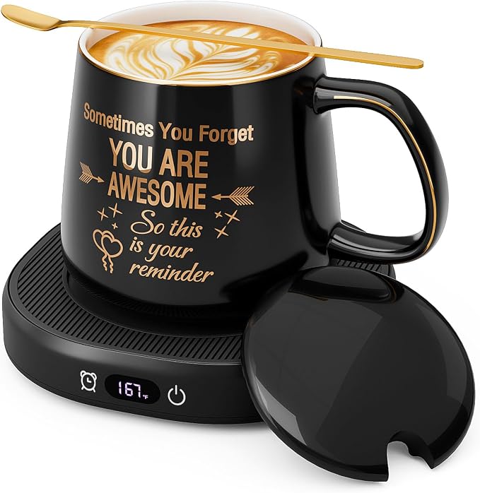 Coffee Mug Warmer & You are Awesome Mug Set, Electric Cup Warmer for Desk | Beverage Warmer Plate for Coffee, Tea, 4 Temperature Setting, 8-Hours Auto Shut Off, 14oz Mug with Spoon & Lid Included