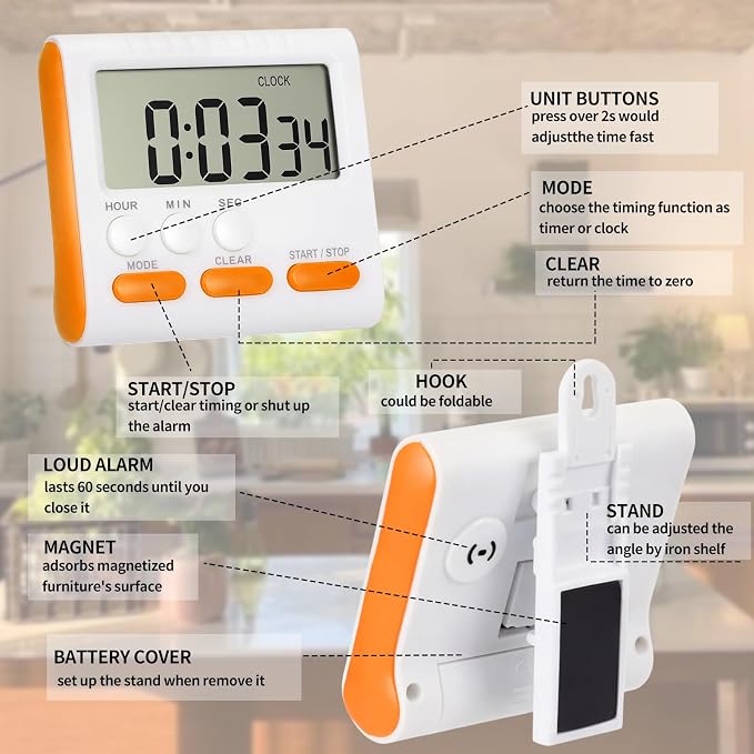 Mudder 3 Pack Digital Kitchen Timer for Cooking, Large Digits, 24 Hour Magnetic Backing Stand Kitchen Timers Clock for Classroom Kids Teachers, Loud Alarm and Large Screen (Orange)
