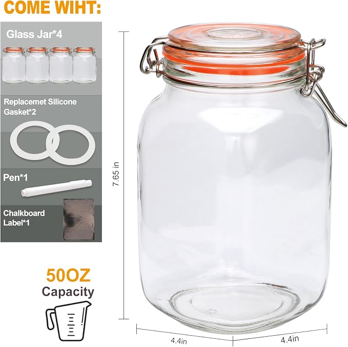 50 oz Glass Jars with Airtight Clamp Lids, 4 Pack | Square Pickling Jars, Heavy-Duty Glass Storage Containers for Food Storage, Kitchen, Pantry, Sugar, Flour, Cereal