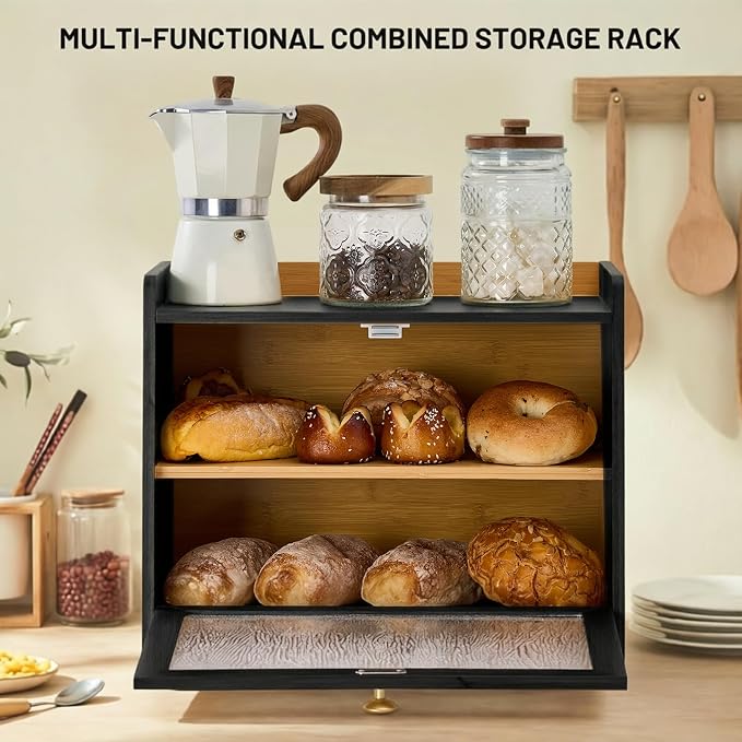 Bamboo Bread Box for Kitchen Countertop, 15.7x9.8x12.6 in, Black Color | Double Layer Bread Box, Fluted Acrylic Doors, Farmhouse Bread Box for Homemade Bread, Loaves, Bagels, Muffins & Pastries