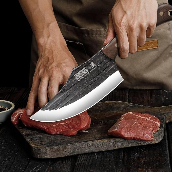 HOSHANHO Butcher Knife Set, Sharp Kitchen Knife Set & Roll Bag Gift for Men | Hand Forged 8PCS Butcher Chef Knife Set with Meat Cleaver Knife & Bone Chopper Knives & Fillet Knives for Home, Camping, BBQ