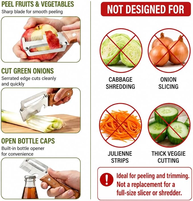 Left & Right Hand Vegetable Peeler Set with Scallion Slicer & Bottle Opener, Heavy-Duty Thick Stainless Steel Blade, Multi-Function Kitchen Peeler with Wooden Handle for Fruits & Vegetables(New 2pcs)