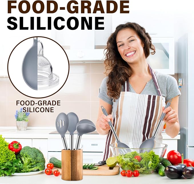 3Pcs Silicone Cooking Spoon Set, Kitchen Utensils Include Solid & Slotted Spoon, Soup Ladle, Food-Grade Heat Resistant 446°F, Non-Scratch Spoons for Serving, Stirring, Draining, Dishwasher Safe, Gray