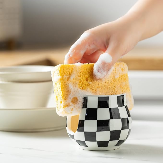 Zoeeker Sponge Holder for Kitchen Sink, Ceramic Checkered Sponge Organizer | Scrubby Caddy Kitchen Organizer Dish Brush Holder Cute Kitchen Gadgets Accessories, Farmhouse Kitchen Decor, Black and White