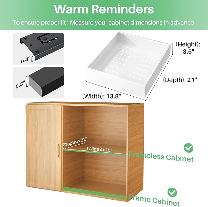 Pull out Cabinet Organizer, 21"Deep, Heavy Duty Full-Extension Slide out Drawers for Kitchen Cabinets with Nano Adhesive, Roll Out Shelf Sliding Cabinet for Pots, Bathroom, Pantry, Under Sink, White