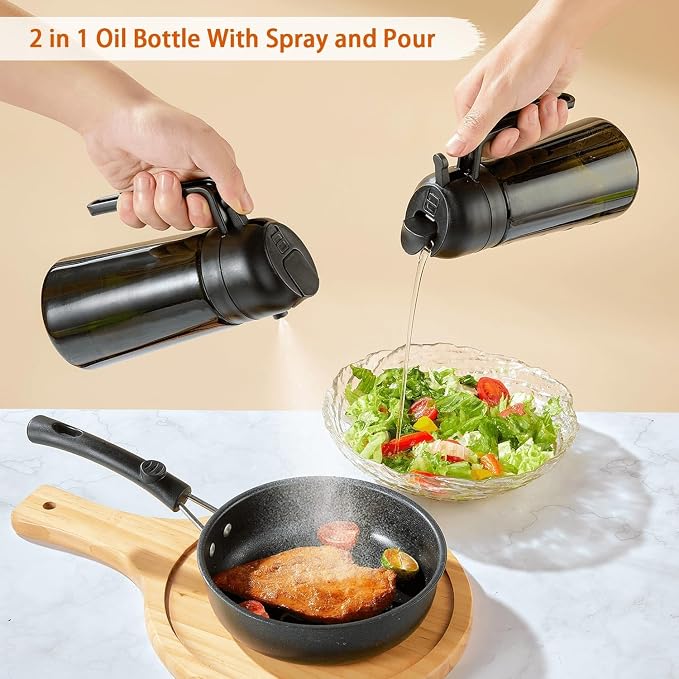 2-in-1 Olive Oil Sprayer & Dispenser, Leakproof 16oz Refillable Glass Spray Bottle for Cooking, Air Fryer & Salad
