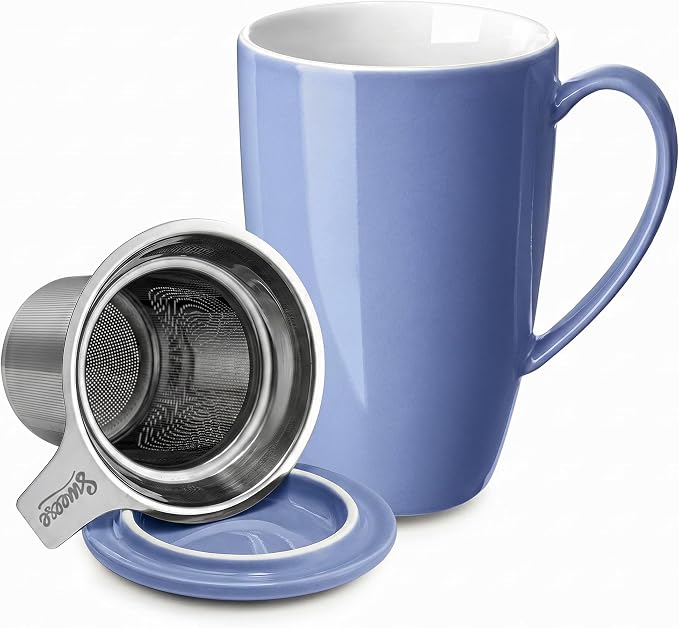 Sweese 15 OZ Porcelain Tea Mug with Infuser and Lid, Loose Leaf Tea Cup, Gifts for Tea Lover, Dusty Blue