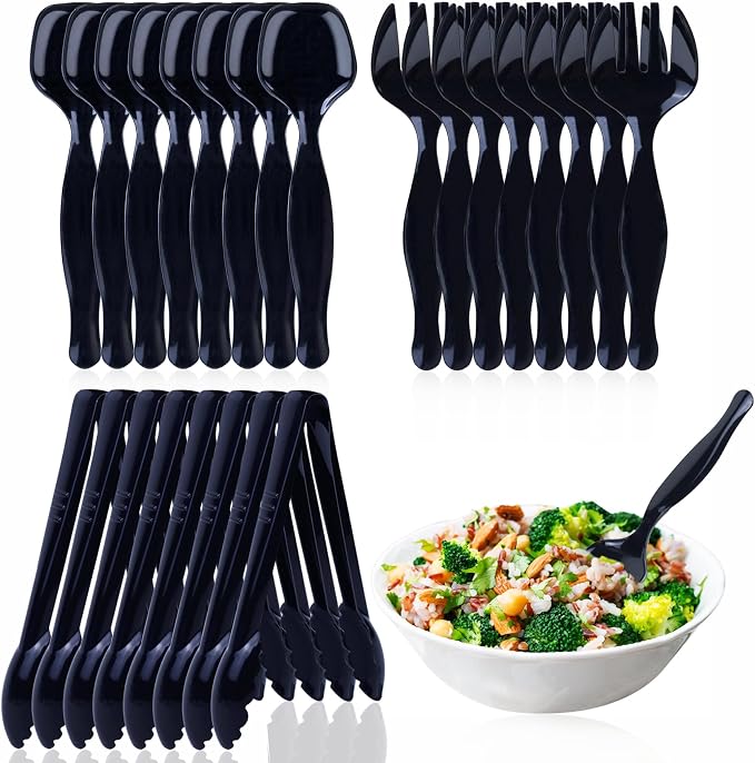 24Pcs Black Plastic Serving Utensils, Spoons Forks and Tongs Set | Disposable party serving utensils for dinner parties, buffets, salad, noodles, soup and weddings, black serving supplies