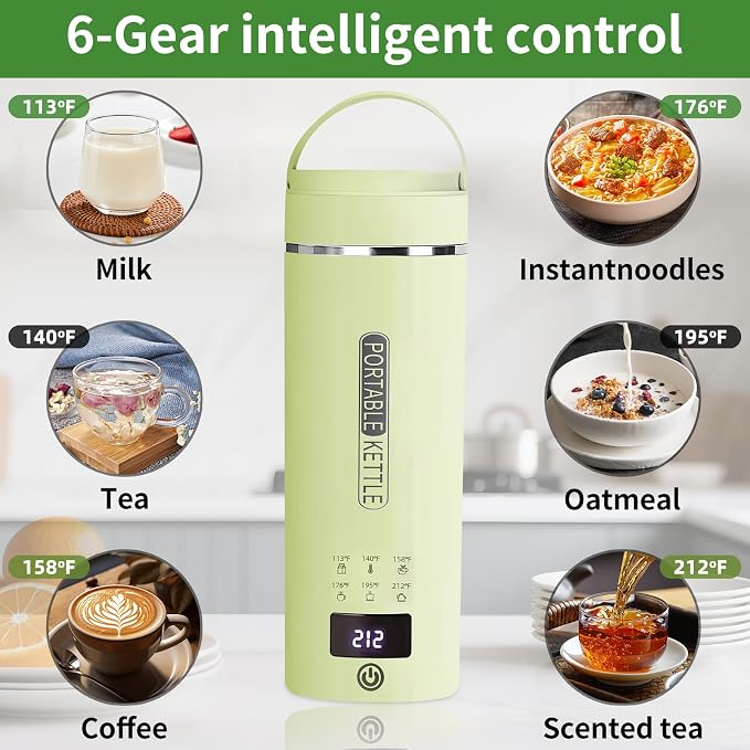 Green Travel Electric Kettle with LCD Display, 6 Temperature Settings, 450ml / 15.2oz, 304 Stainless Steel, Auto Shut-Off and Dry Boil Protection, Compact and Portable Electric Kettle
