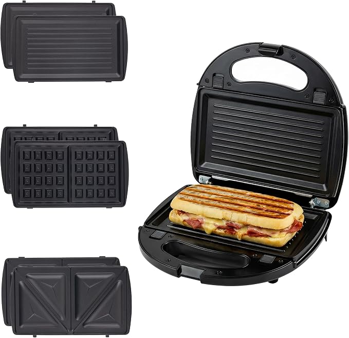OVENTE 3 in 1 Electric Sandwich Maker, 750W Non-Stick Plates, Black GPI302B | Panini Press Grill and Waffle Iron Removable Set , Perfect for Grilled Cheese, Tuna Melts, Burgers, Steaks and Snacks