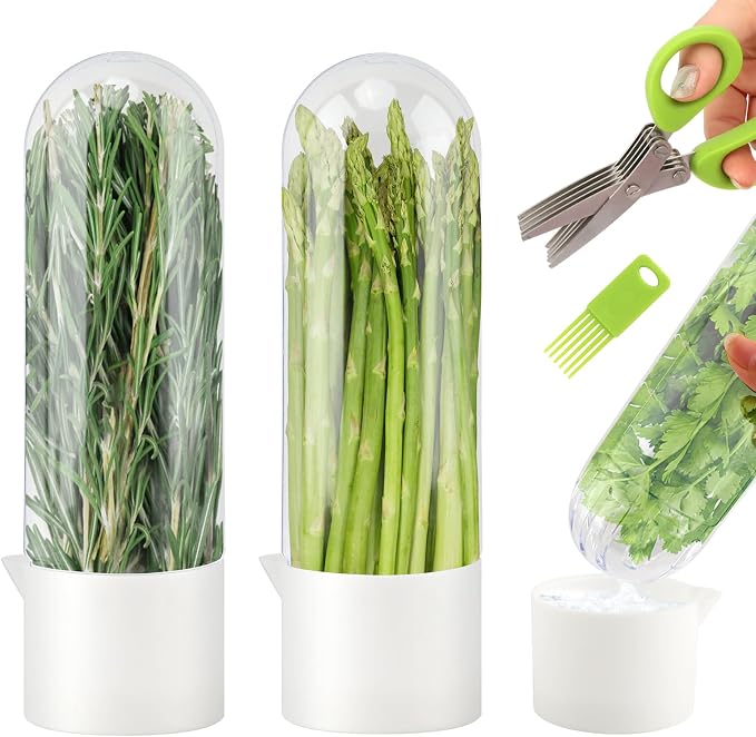 2 Pack Herb Keeper for Refrigerator, Vertical Herb Keeper for Fridge with Scissors, Vegetable Preservation Container for Cilantro, Parsley, Mint&Asparagus, Extends Freshness for 2-3 Weeks