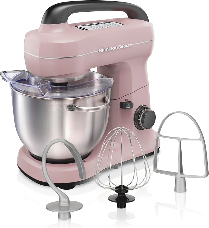 Hamilton Beach 4 Qt Electric Stand Mixer With 7 Speeds, Easy-Carry Handle | Planetary Mixing For Full Bowl Coverage | Splash Guard | 300 Watts | Whisk, Flat Beater, Dough Hook | Mixing Guide | Pink