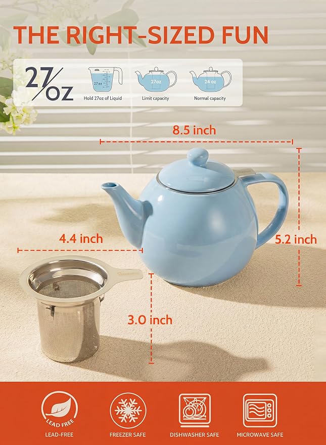 Sweese Porcelain Teapot 27 oz with Infuser for Loose Leaf Tea, Bluish Grey