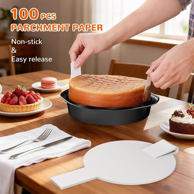 6 Inch Round Cake Pan with Handle, 3PCS Nonstick Cake Pans with 100 PCS Parchment Paper