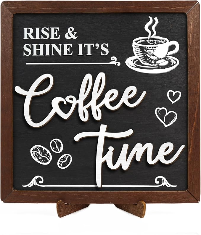 Vintage Coffee Sign for Coffee Station, 7.17 in Wood Cafe Decor | 1 wood sign 7.17 in square, coffee bar and kitchen tabletop decor, farmhouse cafe accent, gift