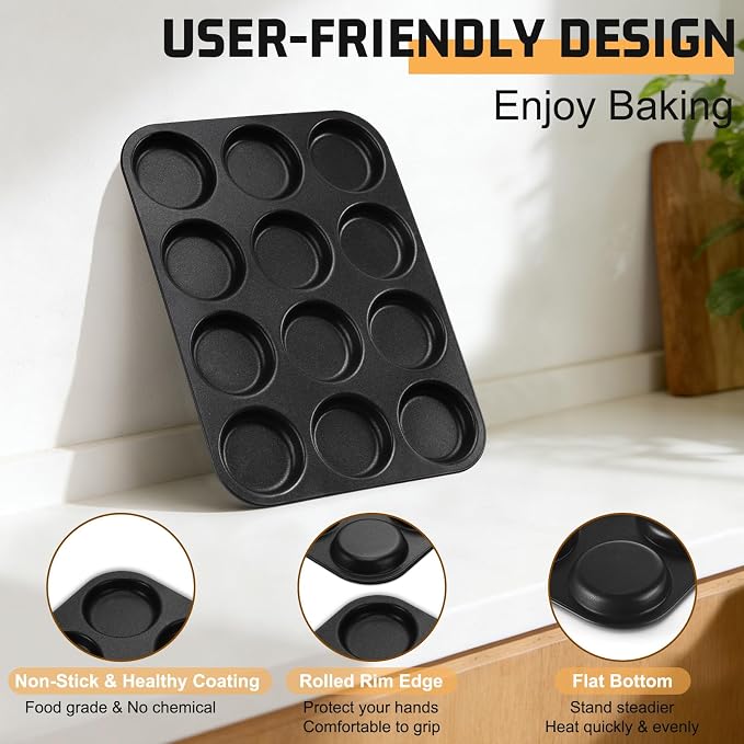 E-far 12-Cavity Muffin Top Pan, 3 Inch Nonstick Shallow Cupcake Pan for Yorkshire Pudding, Eggs, Whoopie Pie, Cornbread, Easy Release & Clean, Standard Size, 2 Pack