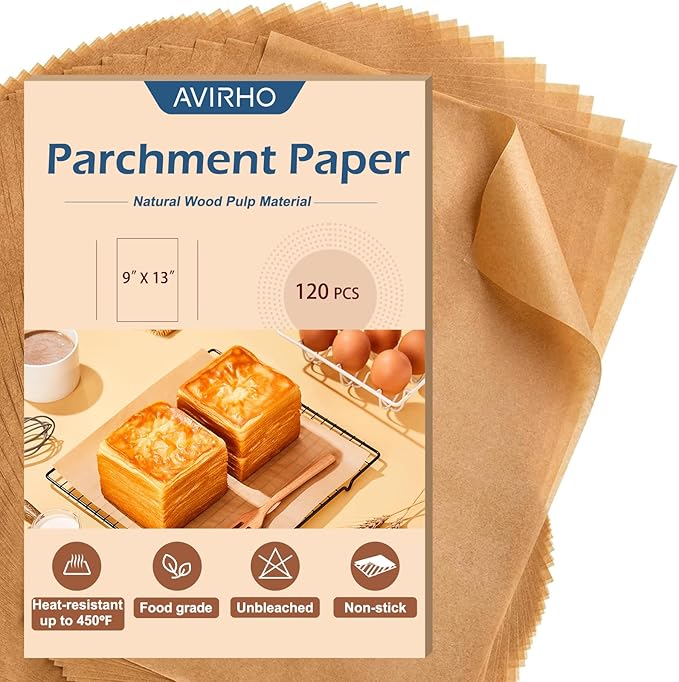 Parchment Paper Sheets 9x13Inch - 120Pcs Precut Unbleached Parchment Baking Paper, Plant-Based Silicone Oil Coating, Non-Stick Quarter Sheet Liner for Air Fryer, Oven, Cookies, Bread & Cake