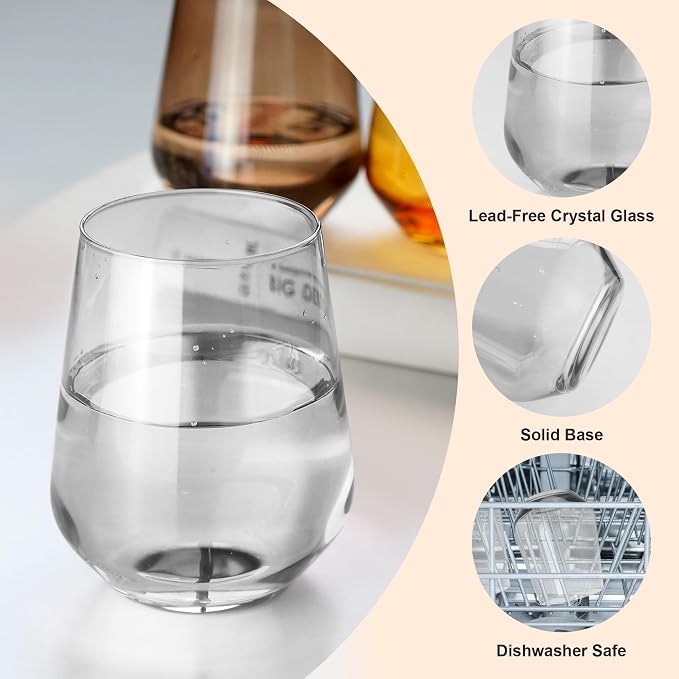 Stemless Wine Glasses Set of 6, 15oz Clear Drinking Glassware Dishwasher Safe, Wine Glass Tumblers for Red or White, Gift for Party, Holiday, Anniversary, Restaurant, Home Bar, Daily Use