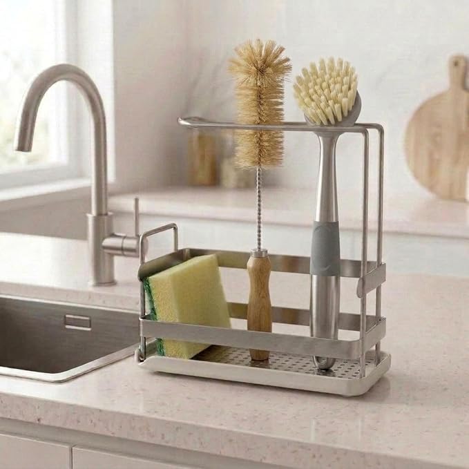 Kitchen Sink Caddy, Compact Sponge Brush Holder Brushed Nickel | Carbon Steel, Towel Rack & Removable Drain Tray, Sponge & Brush Organizer, Compact Sink Storage, Fits Standard Kitchen Sink