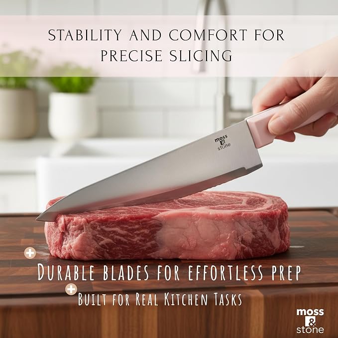 Moss & Stone Pink 14 Pcs Kitchen Knife Set with Block, Stainless Steel | Premium forged kitchen knives with high-carbon sharp blades, ergonomic handle, rust-resistant knife block set for home & chef