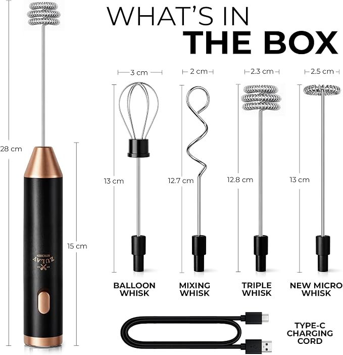 Zulay Kitchen Rechargeable Milk Frother Handheld - Frother Wand, Drink Mixer, Electric Whisk Frother, for Cappuccinos, Matcha & Protein Powder - Ultra Metal 4 Whisk, 1800mAh Black Copper